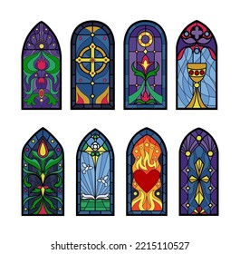 Glass Church Windows, Religious Icons. Catholic Christmas Frames, Medieval Cross Art, Chapel Monastery Interior. Bright Mosaic Colorful Glasses In Gothic Style. Vector Image Tidy Background