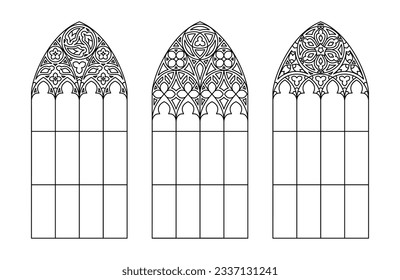 Ventanas de la iglesia de vidrio. Tres marcos de silueta católica.