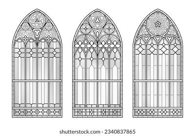 Glass church windows. Three Catholic black and white frames.