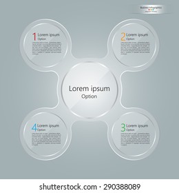 Glass Circle With Number and Information Text, 4 Options, Modern Template Design, Financial and Business Infographic, Workflow/Element Layout Design. Vector Illustration