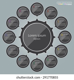 Glass Circle With Number and Information Text, Black Circles with Main Idea, 12 Options, Modern Template Design, Financial and Business Infographic, Workflow/Element Layout Design. Vector Illustration