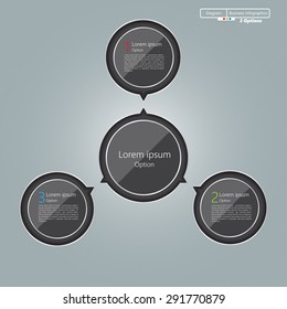 Glass Circle With Number and Information Text, Black Circles with Main Idea, 3 Options, Modern Template Design, Financial and Business Infographic, Workflow/Element Layout Design. Vector Illustration