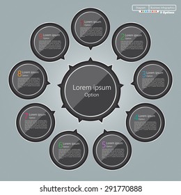 Glass Circle With Number and Information Text, Black Circles with Main Idea, 9 Options, Modern Template Design, Financial and Business Infographic, Workflow/Element Layout Design. Vector Illustration