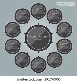 Glass Circle With Number and Information Text, Black Circles with Main Idea, 10 Options, Modern Template Design, Financial and Business Infographic, Workflow/Element Layout Design. Vector Illustration