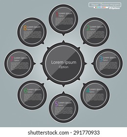 Glass Circle With Number and Information Text, Black Circles with Main Idea, 8 Options, Modern Template Design, Financial and Business Infographic, Workflow/Element Layout Design. Vector Illustration