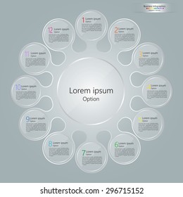 Glass Circle With Number and Information Text, 12 Options, Modern Template Design, Financial and Business Infographic, Workflow/Element Layout Design. Vector Illustration