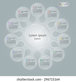 Glass Circle With Number and Information Text, 11 Options, Modern Template Design, Financial and Business Infographic, Workflow/Element Layout Design. Vector Illustration