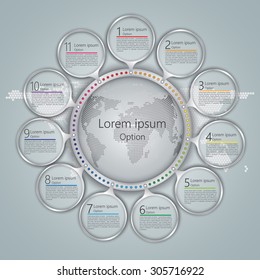 Glass Circles With Number and Information Text, World Globe on Abstract World Map Background, 11 Options, Workflow/Element Layout Design. Vector Illustration