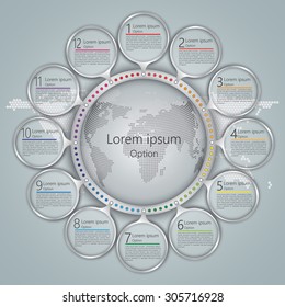 Glass Circles With Number and Information Text, World Globe on Abstract World Map Background, 12 Options, Workflow/Element Layout Design. Vector Illustration