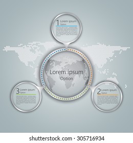 Glass Circles With Number and Information Text, World Globe on Abstract World Map Background, 3 Options, Workflow/Element Layout Design. Vector Illustration