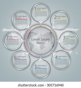 Glass Circles With Number and Information Text, World Globe on Abstract World Map Background, 8 Options, Workflow/Element Layout Design. Vector Illustration