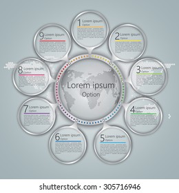 Glass Circles With Number and Information Text, World Globe on Abstract World Map Background, 9 Options, Workflow/Element Layout Design. Vector Illustration