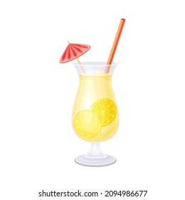 Glass of citrus cocktail with straw and umbrella. Cold alcoholic or non alcoholic beverage vector illustration