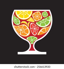 Glass with citrus fruits, colorful isolated on black background, vector illustration.