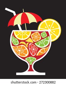 Glass with citrus fruits, colorful isolated on black background, vector illustration.