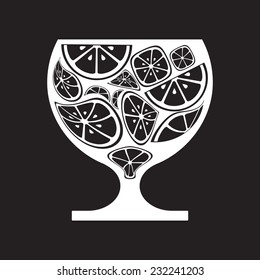 Glass with citrus fruits, isolated on black background, vector illustration.