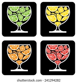 Glass with citrus fruits, isolated on black background, vector illustration.