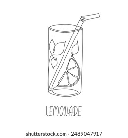 Glass of citrus Lemonade continuous line drawn. Summer refreshing drink. Abstract food black and white illustration. Doodle sketch Fruit cocktail, mojito