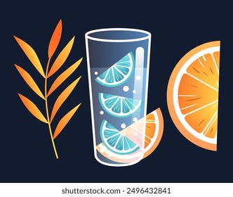 Glass with citrus slices and bubbles tropical leaf orange slice dark background summer refreshment