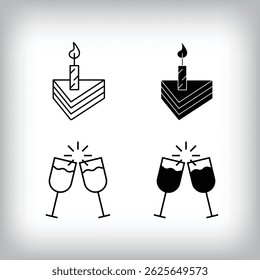 Glass clash, Cake slice candles and Entertainment design. Simple linear and flat event celebration icon set.