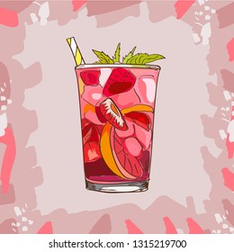 Glass with classic strawberry lemonade - beautiful vector illustration of slices of lemon , strawberries, mint,ice cubes and a straw