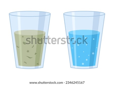 Glass with clean and dirty water in flat design on white background. Water filtration.