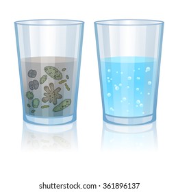 Glass with clean and dirty water, infection illustration. Vector illustration