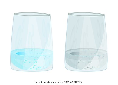 Glass with clean and dirty water isolated on white background. Water pollution and infection problem. Pure water from source and contaminated water with sludge, bacteria, microbes. Vector illustration