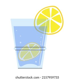 A glass of clean drinking water with a slice of lemon.  Cold non-carbonated transparent liquid in a glass beaker.  A slice of citrus.  Flat vector illustration.  Eps10