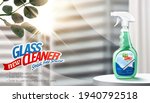 Glass cleaner ad in 3D illustration. Cleaner spray bottle package in stage against window and blur skyscrapers background