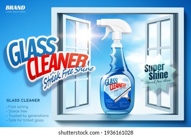 Glass cleaner ad banner in 3D illustration. Spray bottle package in window sill on blue background