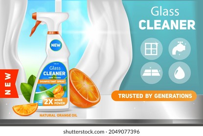 Glass cleaner ad on table and clean transparent window on the background. Concept of product package design template with bright fresh orange and bubble icons. Realistic vector illustration