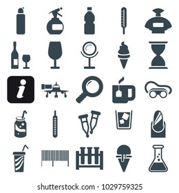 Glass cleaner and glass objects icons. set of 25 editable filled glass icons such as perfume, spray bottle, mirror, cocktail, welding glasses, ice cream, soda, test tube, search, pipette, thermometer