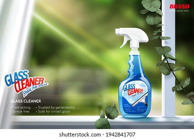 Glass cleaner promotion banner. Realistic window sill with bright sunlight and spray bottle.