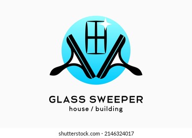 Glass cleaner or glass sweeper logo design, two rubber glass cleaner silhouettes with window icon in circle
