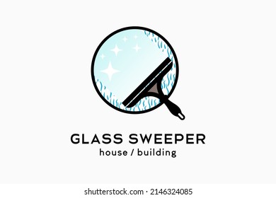 Logo-Design für Glasreiniger oder Glaskehrer, Silhouette eines Gummi-Glasreinigers kombiniert mit einem Glassymbol in einem Kreis
