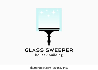 Logo-Design für Glasreiniger oder Glaskehrer, Silhouette eines Gummi-Glasreinigers kombiniert mit einer Glassymbol in einer Schachtel