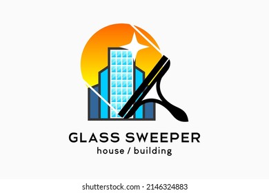 Glass cleaner or glass sweeper logo design, silhouette of rubber glass cleaner combined with building icon and sun icon