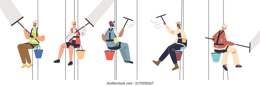 Glass cleaners team washing skyscraper windows. Window washers on ropes clean building outside. Cleaning service workers in uniform at work. Cartoon flat vector illustration