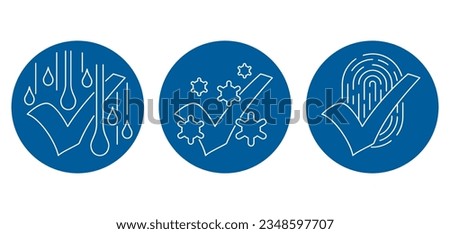 Glass cleaning agent icons in thin line - pictograms set - dust, fingerprints and water drips removal function - emblems for household chemicals products packaging