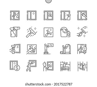 Glass cleaning. Clean window. Washer, cleaner, wash, service, housework. Wiping window. Pixel Perfect Vector Thin Line Icons. Simple Minimal Pictogram