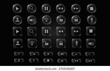 Icono claro de vidrio Botón signo geométrico brillante diseño conjunto colección sobre fondo oscuro a cuadros Ilustración vectorial.