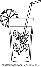 A glass of clear liquid with mint leaves, a lime wedge, and a straw, perfect for a hot summer day refreshment.