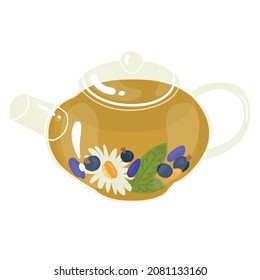 Glass  and clear teapot with tea brewed on berries and chamomile. A drink to strengthen the immune system and health. Flat style in vector illustration. Isolated element. Use for eco market and stores