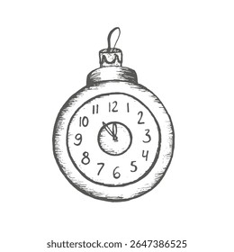 Glass clock Christmas tree decorations. Graphics illustration. Composition for New Year's design, Christmas toys for packaging, postcards and wrapping paper, textile, stickers. Vector.