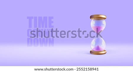 Glass clock for time countdown. Hourglass banner template. Pink sand in running sandglass. 3d watch timer vector render. Abstract realistic golden stopwatch. Hour budget concept on purple background.