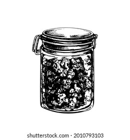 Frasco de vidrio cerrado con brotes de marihuana. Elemento de diseño dibujado a mano. Vectorial vintage eclosión ilustración dibujada a mano negra aislada en fondo blanco para la tienda de cannabis