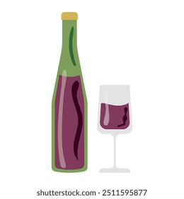 Glass closed bottle of red wine with a glass. vector illustration of hand drawn color icons.