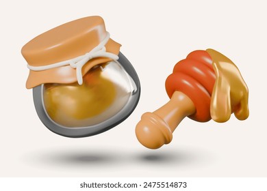 Glass closed honey jar, honey stick. Set of realistic vector items for organic shop