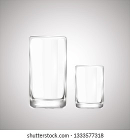 Glass close-up. Glass beaker empty. Realistic glass beaker. Glassware for drinks. Drinking glass isolated vector illustration. Clean glassware with shadows and highlights EPS10